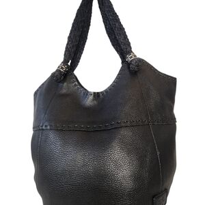 THE SAK LOS FELIZ PEBBLED LEATHER BLACK PURSE BUCKET SADDLE BAG WEAVED